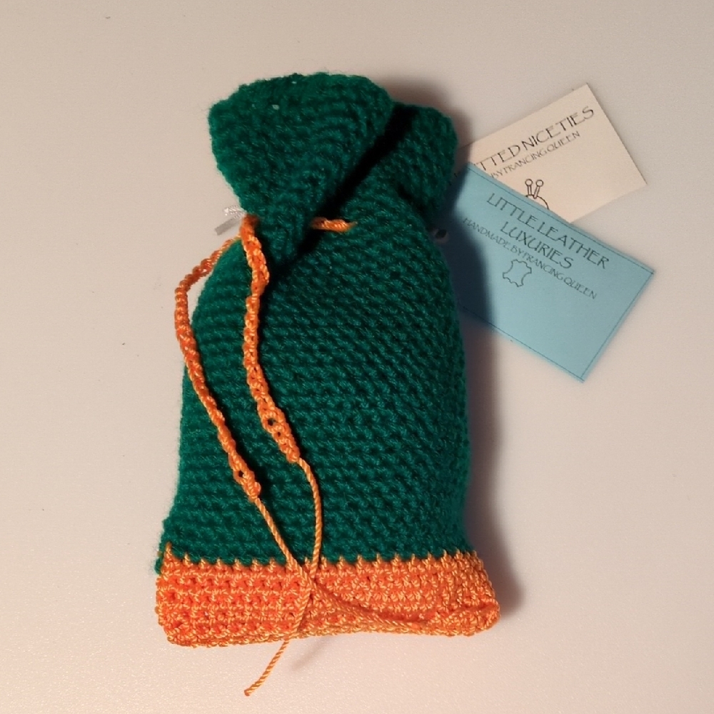 Handmade Crochet Green Yarn Orange Mason Cord Small Drawstring Belt Pouch